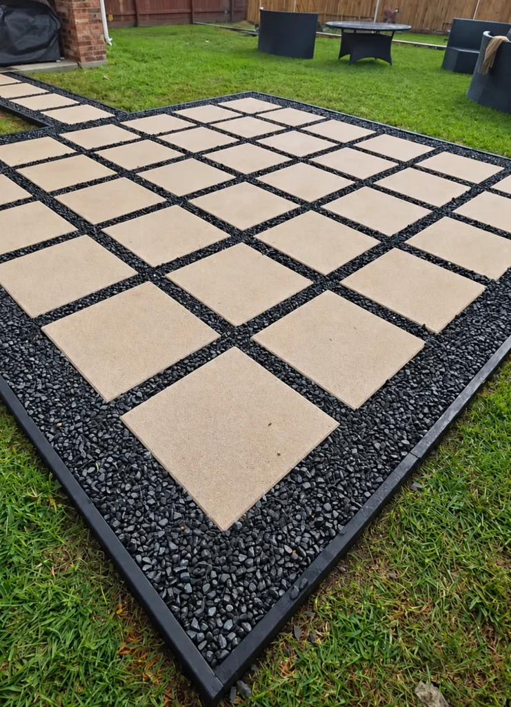 Backyard patio of large square concrete pavers with gravel joints
