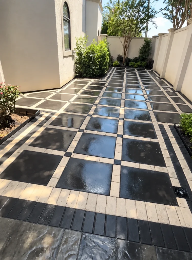 Black and cream paver courtyard patio in a checkerboard pattern