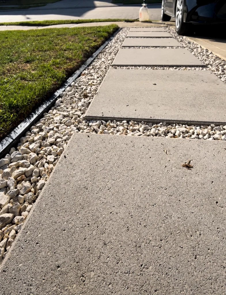 Concrete paver driveway extension with white gravel infill beside an existing concrete driveway