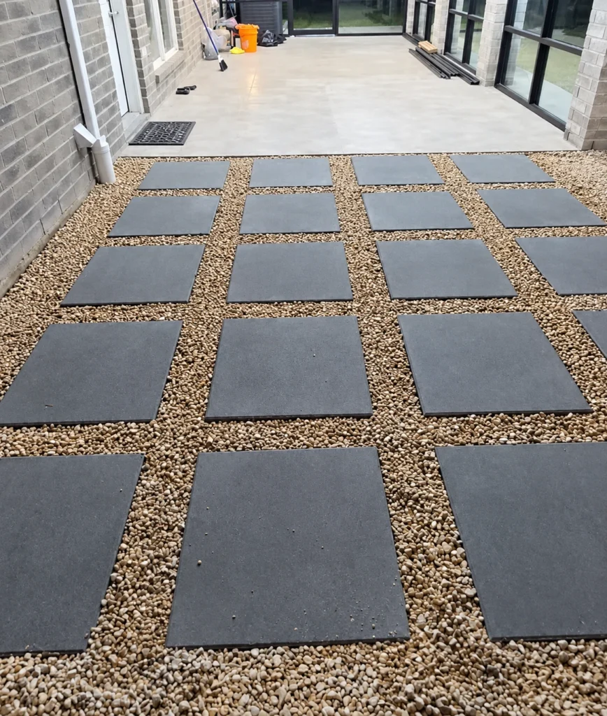 Covered patio floor of gray pavers laid in a grid under a roofed back porch