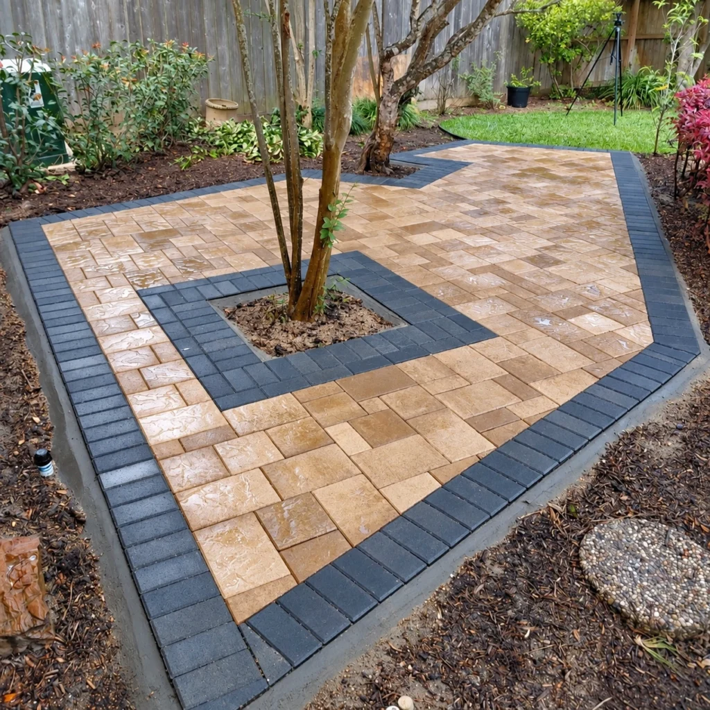 Garden patio with pavers set around mature trees and planting beds