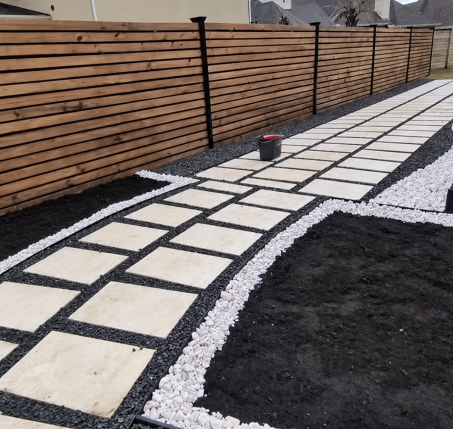Modern backyard walkway with large square light-colored concrete pavers set in dark gravel with white pea gravel borders, beside a horizontal wood and metal fence.