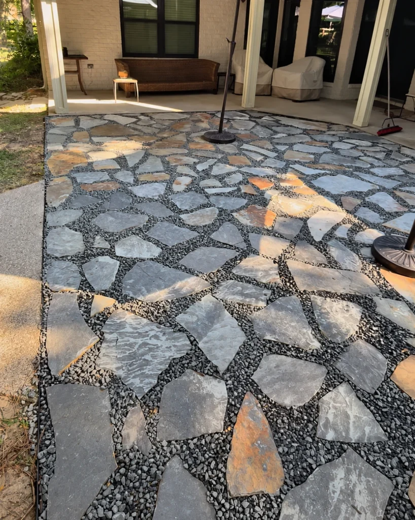 Natural flagstone patio extension added onto an existing backyard patio