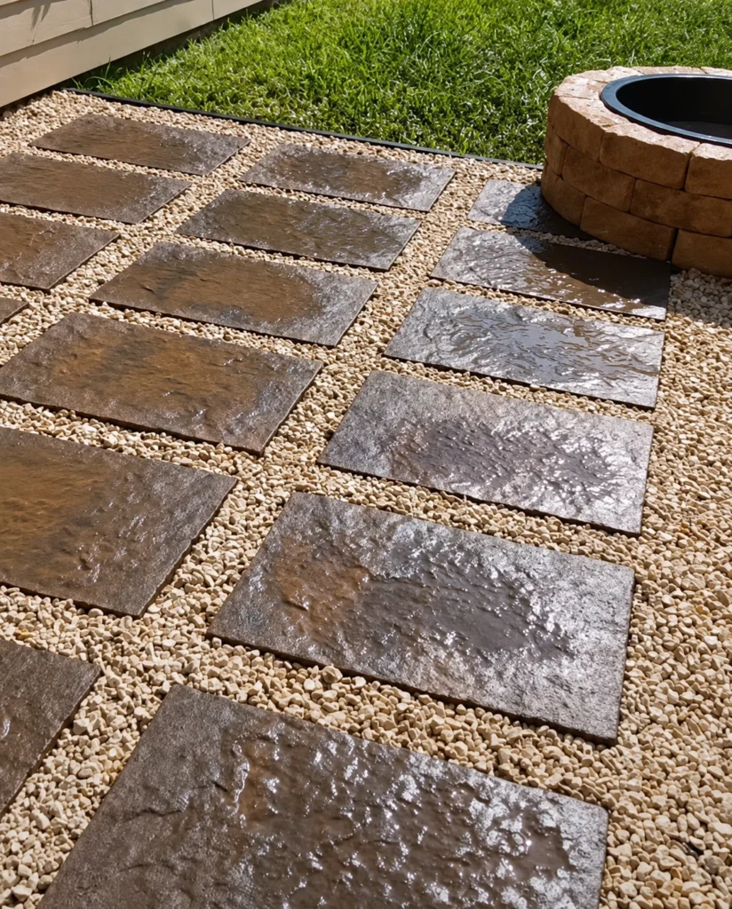 Natural stone patio built around a backyard fire pit