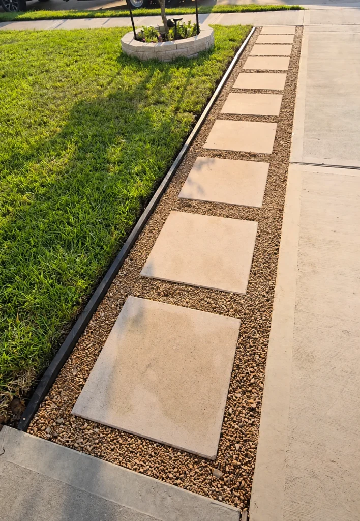 Tan paver driveway extension set in gravel between a concrete drive and the front lawn