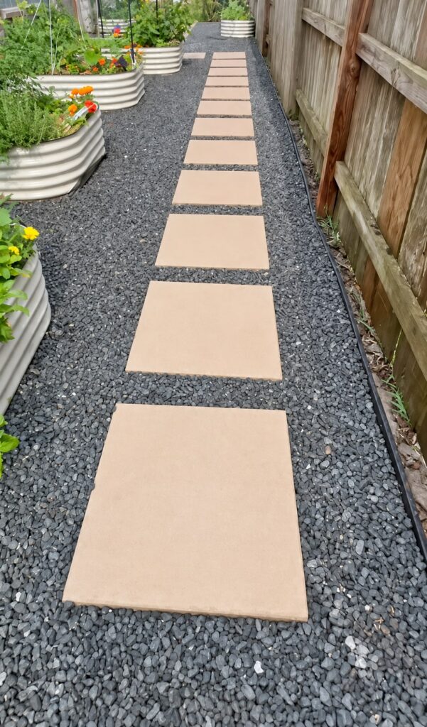 Narrow side-yard walkway of large tan rectangular pavers evenly spaced in dark gray gravel, with black edging, raised beds on one side and a wooden fence on the other